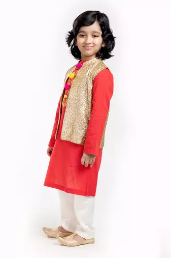 3 Pcs Linen  Kurta Set  With Gold Sequin Vest Coat And Pyjama