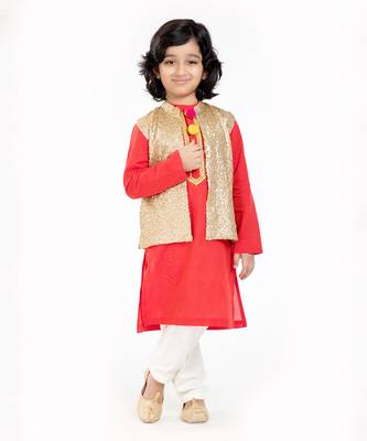 3 Pcs Linen  Kurta Set  With Gold Sequin Vest Coat And Pyjama 3