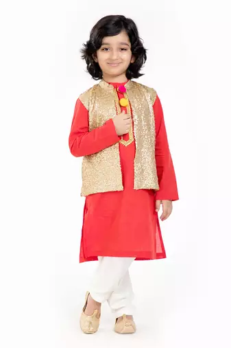 3 Pcs Linen  Kurta Set  With Gold Sequin Vest Coat And Pyjama