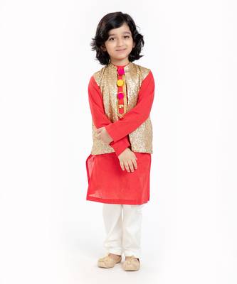 3 Pcs Linen  Kurta Set  With Gold Sequin Vest Coat And Pyjama 4