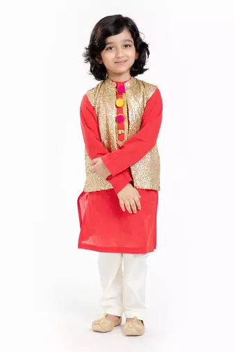 3 Pcs Linen  Kurta Set  With Gold Sequin Vest Coat And Pyjama