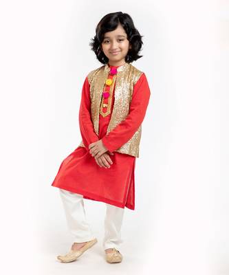 3 Pcs Linen  Kurta Set  With Gold Sequin Vest Coat And Pyjama 5