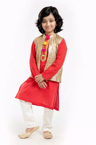 3 Pcs Linen  Kurta Set  With Gold Sequin Vest Coat And Pyjama
