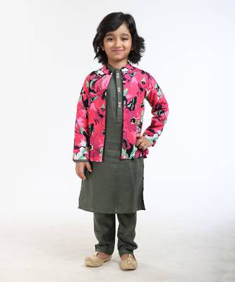 3 Pcs Linen  Kurta Set  With Floral Pure Cotton Full Sleeves Jacket And Pyjama 1
