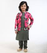 3 Pcs Linen  Kurta Set  With Floral Pure Cotton Full Sleeves Jacket And Pyjama