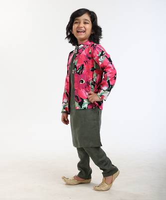 3 Pcs Linen  Kurta Set  With Floral Pure Cotton Full Sleeves Jacket And Pyjama 2