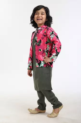 3 Pcs Linen  Kurta Set  With Floral Pure Cotton Full Sleeves Jacket And Pyjama