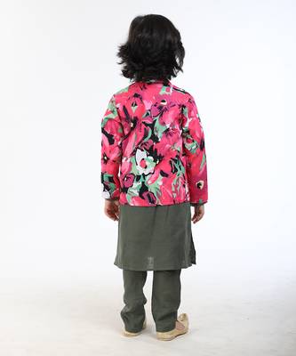 3 Pcs Linen  Kurta Set  With Floral Pure Cotton Full Sleeves Jacket And Pyjama 3