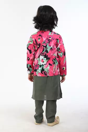 3 Pcs Linen  Kurta Set  With Floral Pure Cotton Full Sleeves Jacket And Pyjama