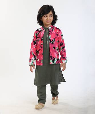 3 Pcs Linen  Kurta Set  With Floral Pure Cotton Full Sleeves Jacket And Pyjama 4