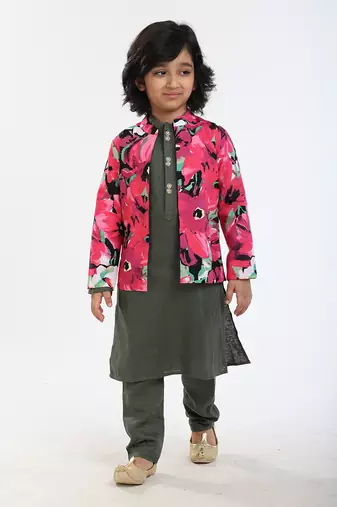 3 Pcs Linen  Kurta Set  With Floral Pure Cotton Full Sleeves Jacket And Pyjama