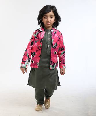 3 Pcs Linen  Kurta Set  With Floral Pure Cotton Full Sleeves Jacket And Pyjama 5