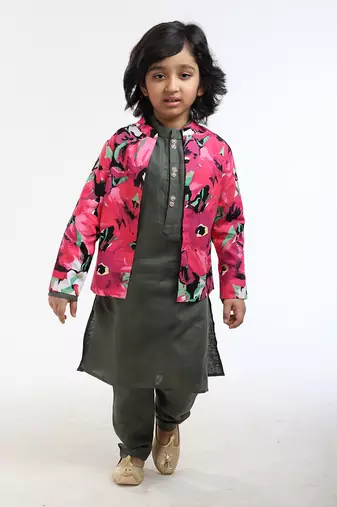3 Pcs Linen  Kurta Set  With Floral Pure Cotton Full Sleeves Jacket And Pyjama
