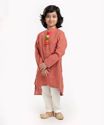 Linen Kurta Set, Embellishment With Pompom Along With Ivory  Pyjama 1