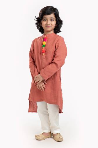 Linen Kurta Set, Embellishment With Pompom Along With Ivory  Pyjama