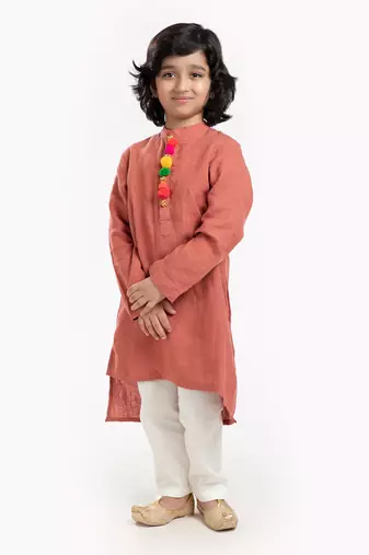 Linen Kurta Set, Embellishment With Pompom Along With Ivory  Pyjama