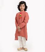 Linen Kurta Set, Embellishment With Pompom Along With Ivory  Pyjama