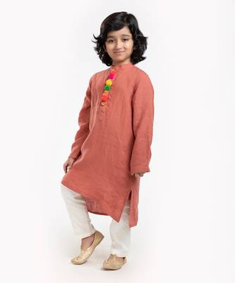 Linen Kurta Set, Embellishment With Pompom Along With Ivory  Pyjama 2