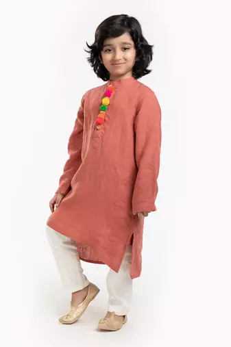 Linen Kurta Set, Embellishment With Pompom Along With Ivory  Pyjama