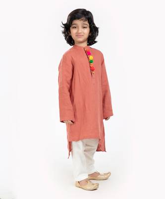 Linen Kurta Set, Embellishment With Pompom Along With Ivory  Pyjama 3
