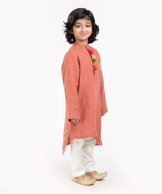 Linen Kurta Set, Embellishment With Pompom Along With Ivory  Pyjama 4
