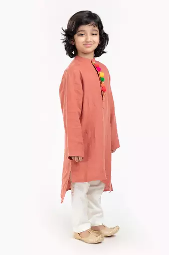 Linen Kurta Set, Embellishment With Pompom Along With Ivory  Pyjama