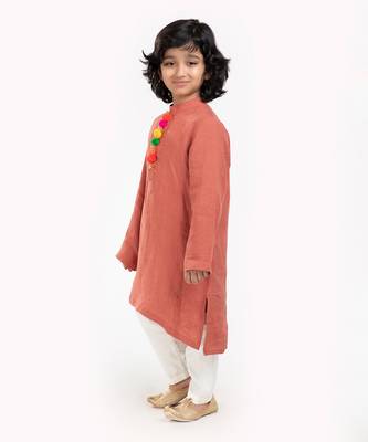 Linen Kurta Set, Embellishment With Pompom Along With Ivory  Pyjama 5
