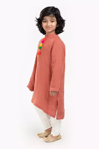 Linen Kurta Set, Embellishment With Pompom Along With Ivory  Pyjama