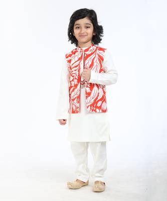 3 Pcs Linen  Kurta Set  With Floral Pure Cotton Full Sleeves Jackat And Pyjama 2