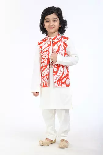 3 Pcs Linen  Kurta Set  With Floral Pure Cotton Full Sleeves Jackat And Pyjama