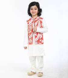 3 Pcs Linen  Kurta Set  With Floral Pure Cotton Full Sleeves Jackat And Pyjama