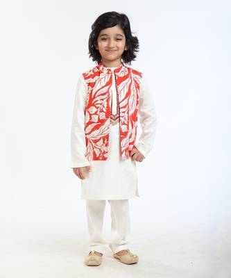 3 Pcs Linen  Kurta Set  With Floral Pure Cotton Full Sleeves Jackat And Pyjama 1