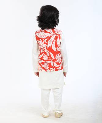 3 Pcs Linen  Kurta Set  With Floral Pure Cotton Full Sleeves Jackat And Pyjama 3