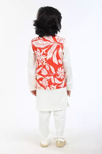 3 Pcs Linen  Kurta Set  With Floral Pure Cotton Full Sleeves Jackat And Pyjama