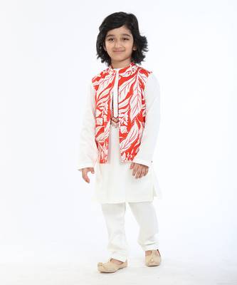 3 Pcs Linen  Kurta Set  With Floral Pure Cotton Full Sleeves Jackat And Pyjama 4