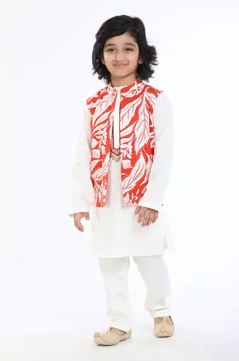 3 Pcs Linen  Kurta Set  With Floral Pure Cotton Full Sleeves Jackat And Pyjama