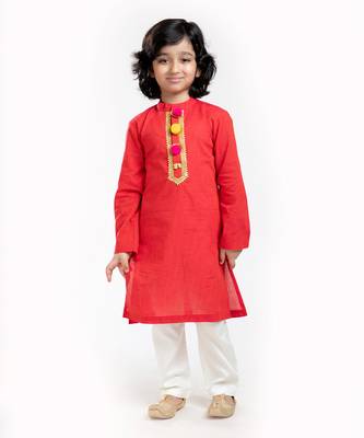 Linen Kurta Set, Embellishment With Pompom Along With Ivory  Pyjama 1