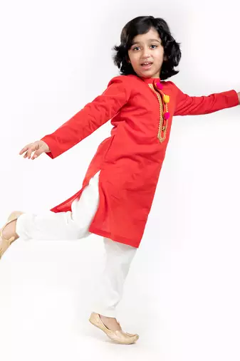 Linen Kurta Set, Embellishment With Pompom Along With Ivory  Pyjama