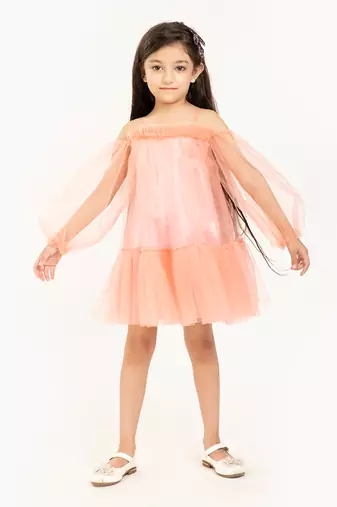 Tulle Full Sleeve Cold Shoulder Dress