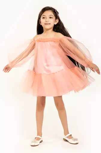 Tulle Full Sleeve Cold Shoulder Dress