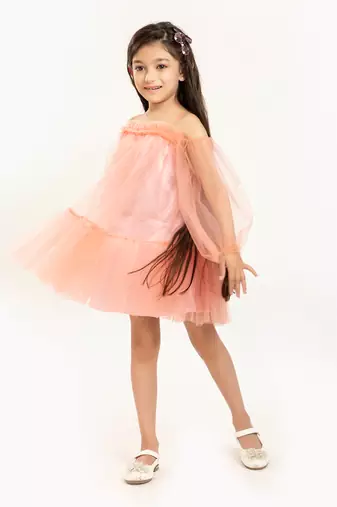 Tulle Full Sleeve Cold Shoulder Dress