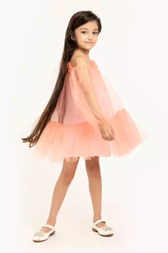Tulle Full Sleeve Cold Shoulder Dress