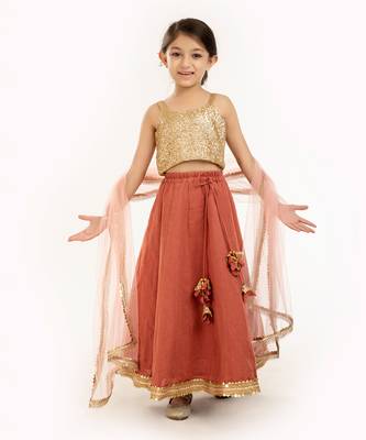 Gold Sequin Blouse With Sequin Embroidere Skirt And Contrast Dupatta 1