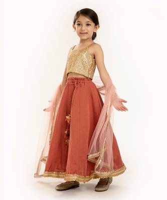 Gold Sequin Blouse With Sequin Embroidere Skirt And Contrast Dupatta 2