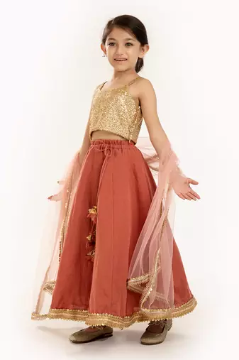 Gold Sequin Blouse With Sequin Embroidere Skirt And Contrast Dupatta