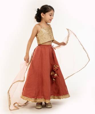Gold Sequin Blouse With Sequin Embroidere Skirt And Contrast Dupatta 3