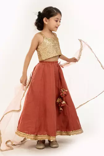 Gold Sequin Blouse With Sequin Embroidere Skirt And Contrast Dupatta