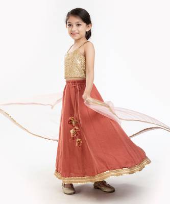 Gold Sequin Blouse With Sequin Embroidere Skirt And Contrast Dupatta 4