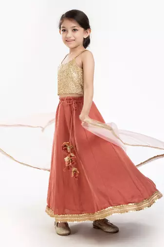Gold Sequin Blouse With Sequin Embroidere Skirt And Contrast Dupatta