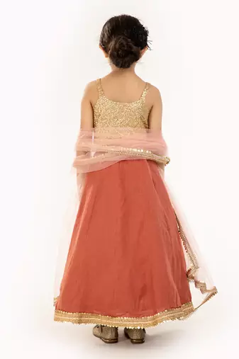 Gold Sequin Blouse With Sequin Embroidere Skirt And Contrast Dupatta